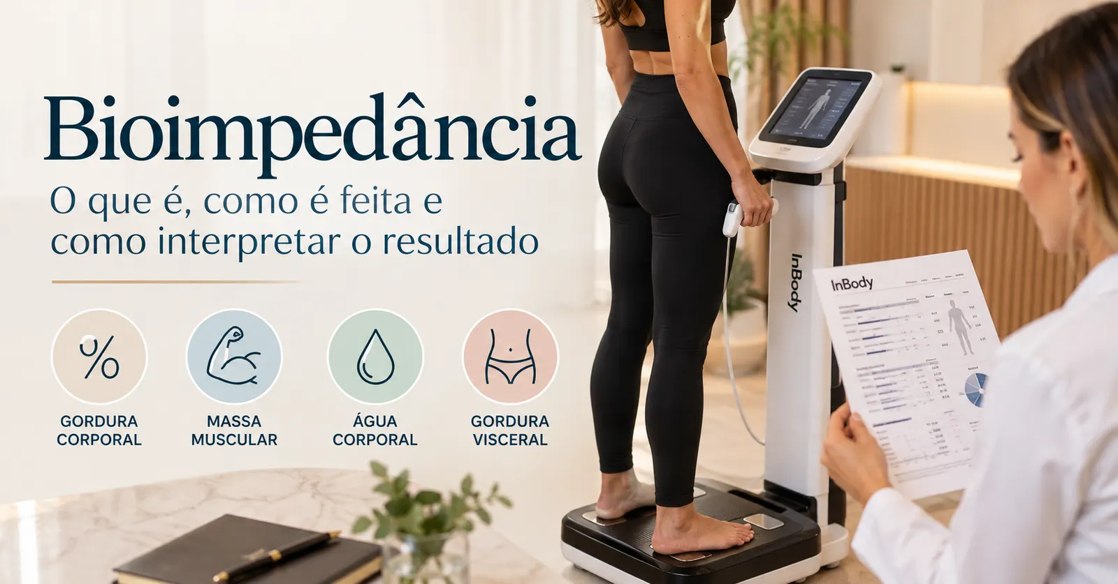 Paciente faz o exame de bioimpedância no aparelho InBody enquanto a médica analisa o laudo de composição corporal