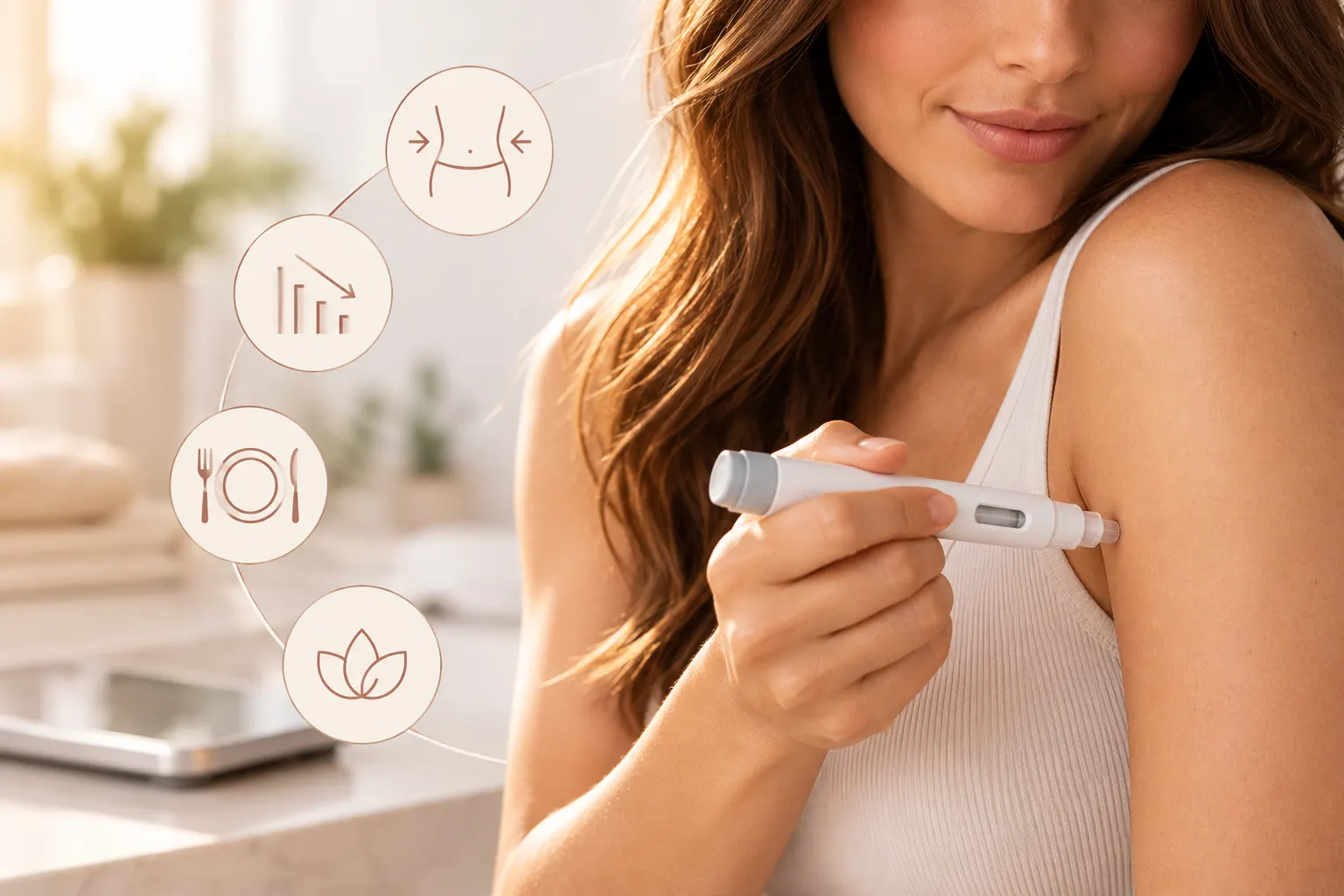 Mulher aplica caneta emagrecedora no braço, com ícones de cintura, gráfico de peso em queda, alimentação e bem-estar