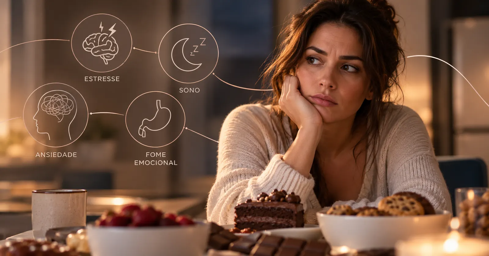 Mulher pensativa diante de bolo de chocolate, cookies e chocolates, com ícones de estresse, sono, ansiedade e fome emocional