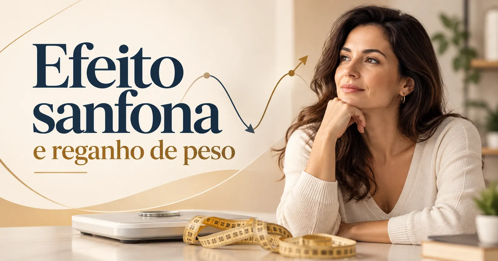Mulher pensativa ao lado de uma balança e de uma fita métrica, com uma linha que sobe e desce representando o efeito sanfona