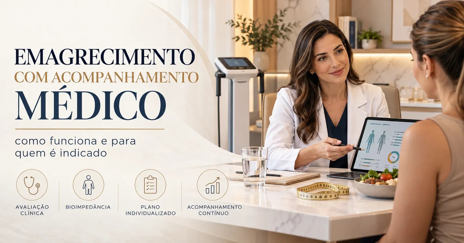 Médica explica o resultado da bioimpedância a uma paciente durante consulta de emagrecimento com acompanhamento médico