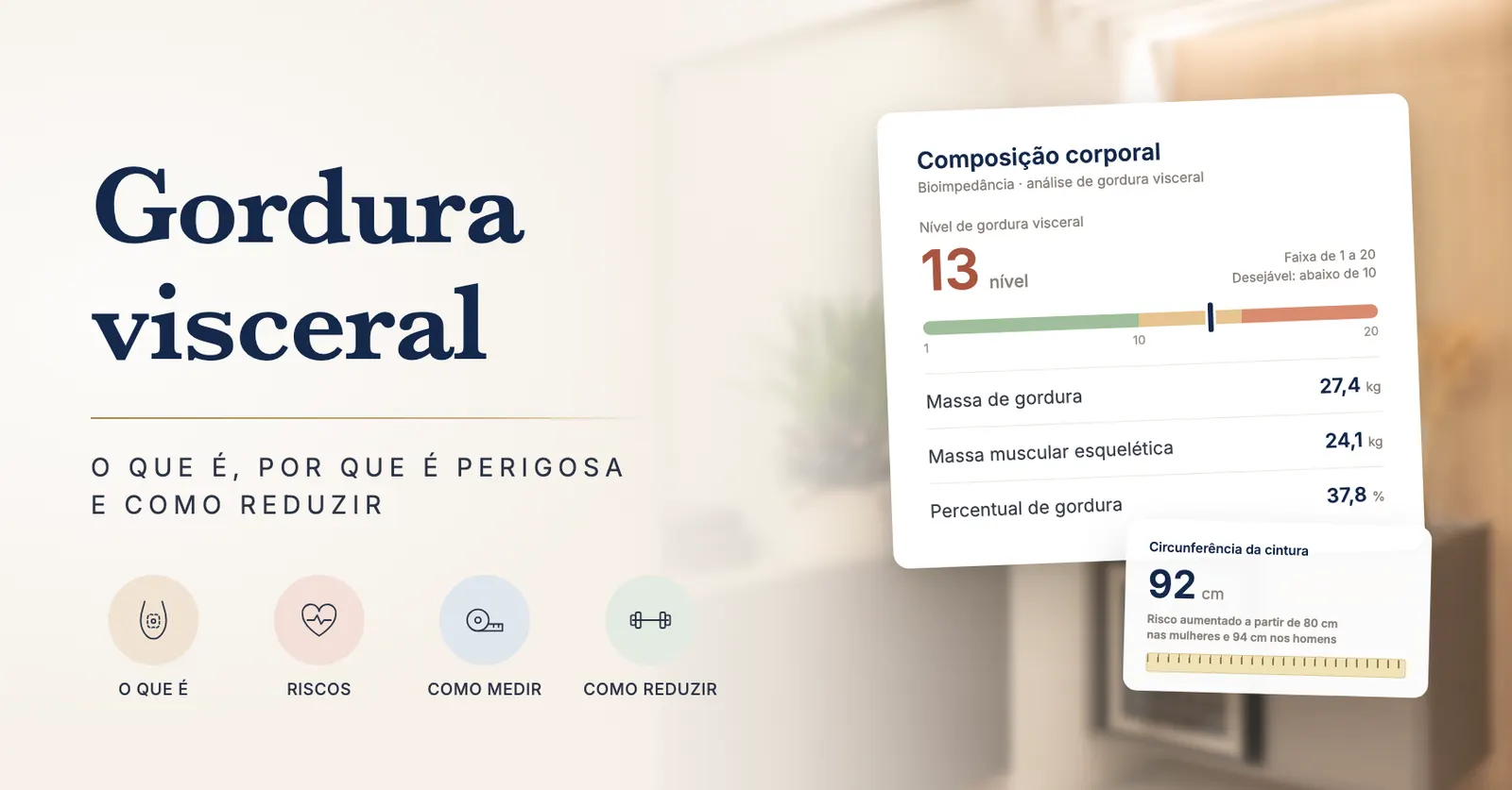 Resultado da bioimpedância com o nível de gordura visceral acima da faixa desejável e a medida da cintura, com o consultório da Clínica Belvitá ao fundo