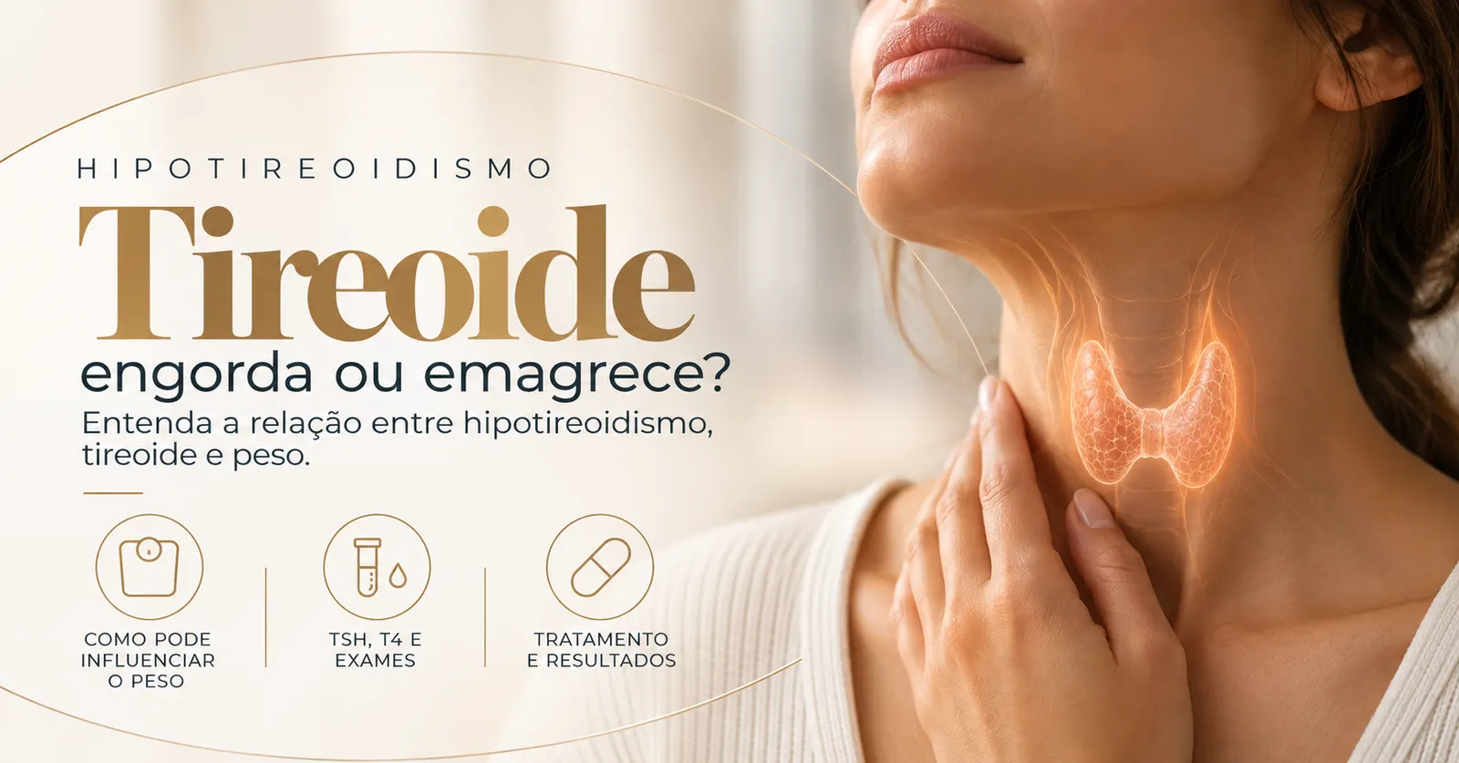 Mulher com a mão no pescoço e a ilustração da tireoide em destaque, com ícones de peso, exames de TSH e T4 e tratamento do hipotireoidismo