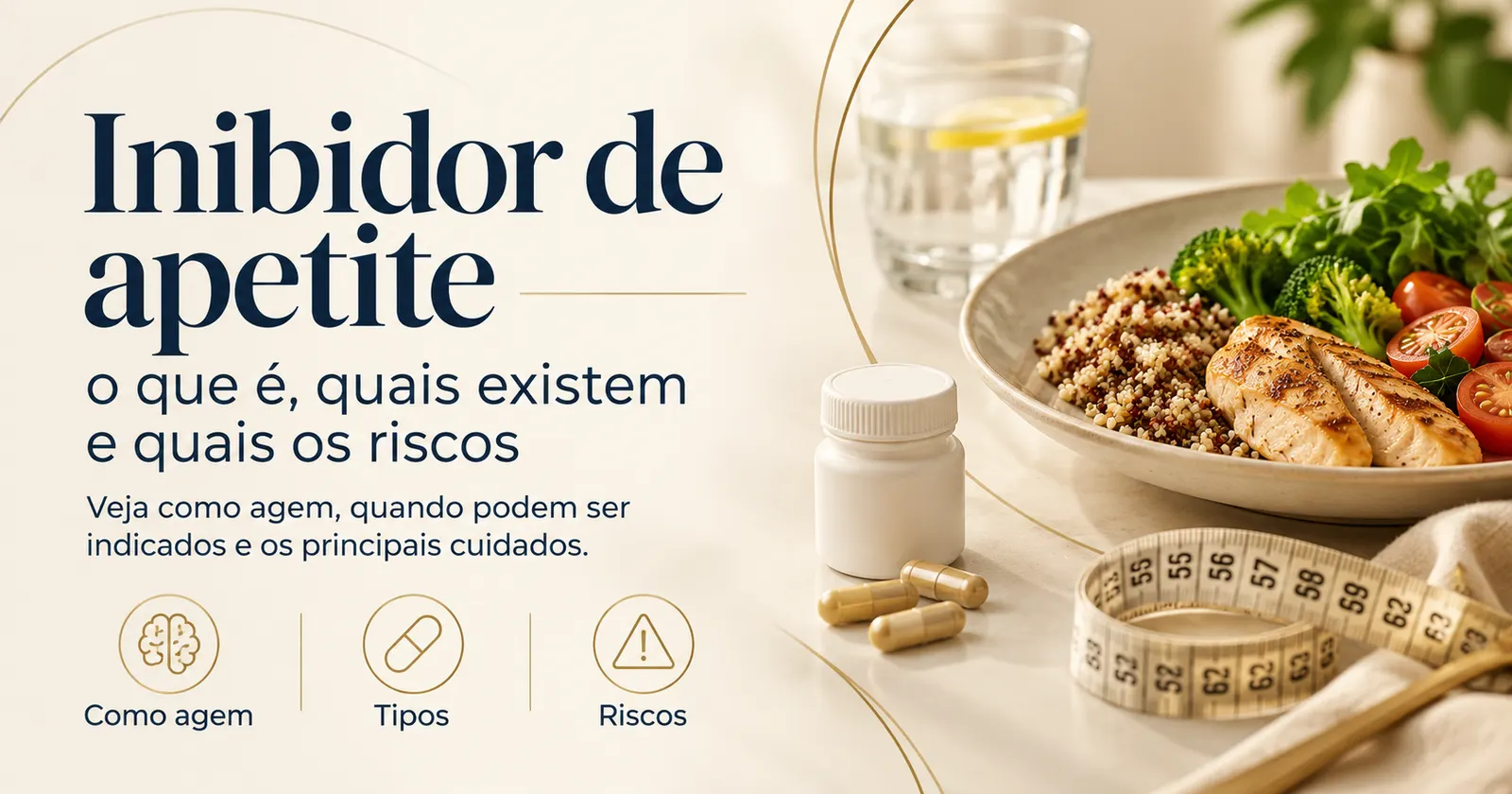 Frasco de cápsulas ao lado de um prato com frango, quinoa, brócolis e tomate, copo de água e fita métrica, com ícones de como agem, tipos e riscos dos inibidores de apetite