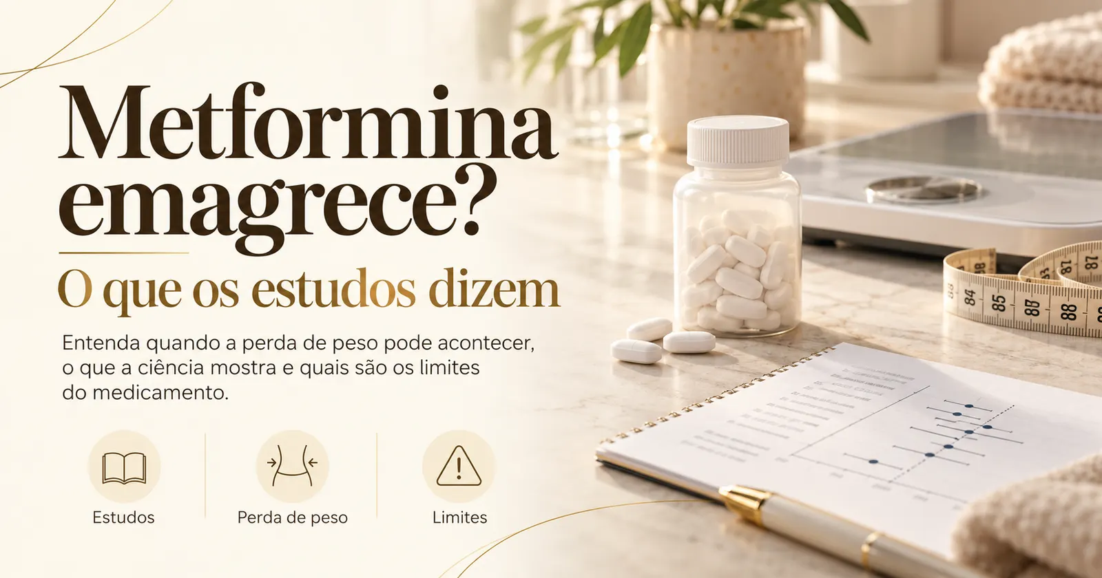 Frasco de comprimidos brancos sobre a bancada, com balança, fita métrica e caderno com gráfico de estudos, e ícones de estudos, perda de peso e limites da metformina