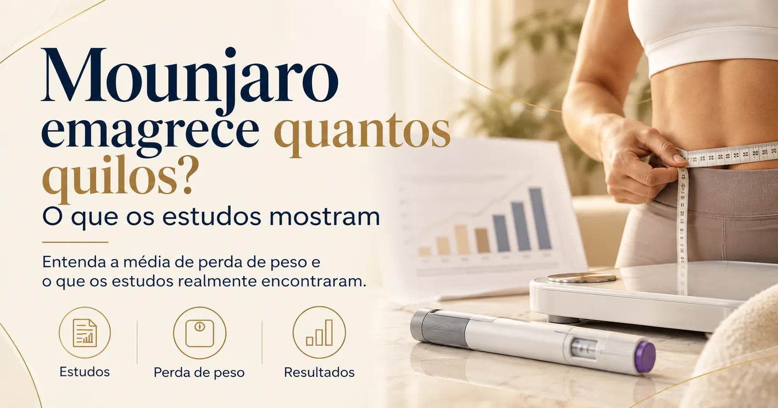 Mulher medindo a cintura com fita métrica, ao lado de balança, caneta injetável e gráfico de perda de peso, com ícones de estudos, perda de peso e resultados