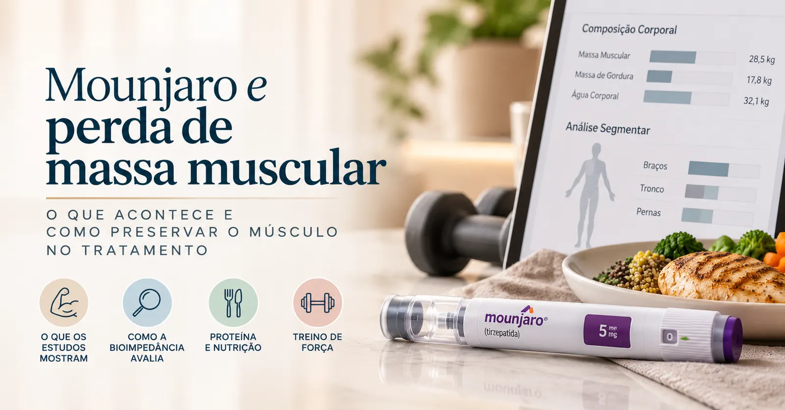 Caneta de tirzepatida ao lado de halteres, prato com proteína e tela com o resultado da bioimpedância
