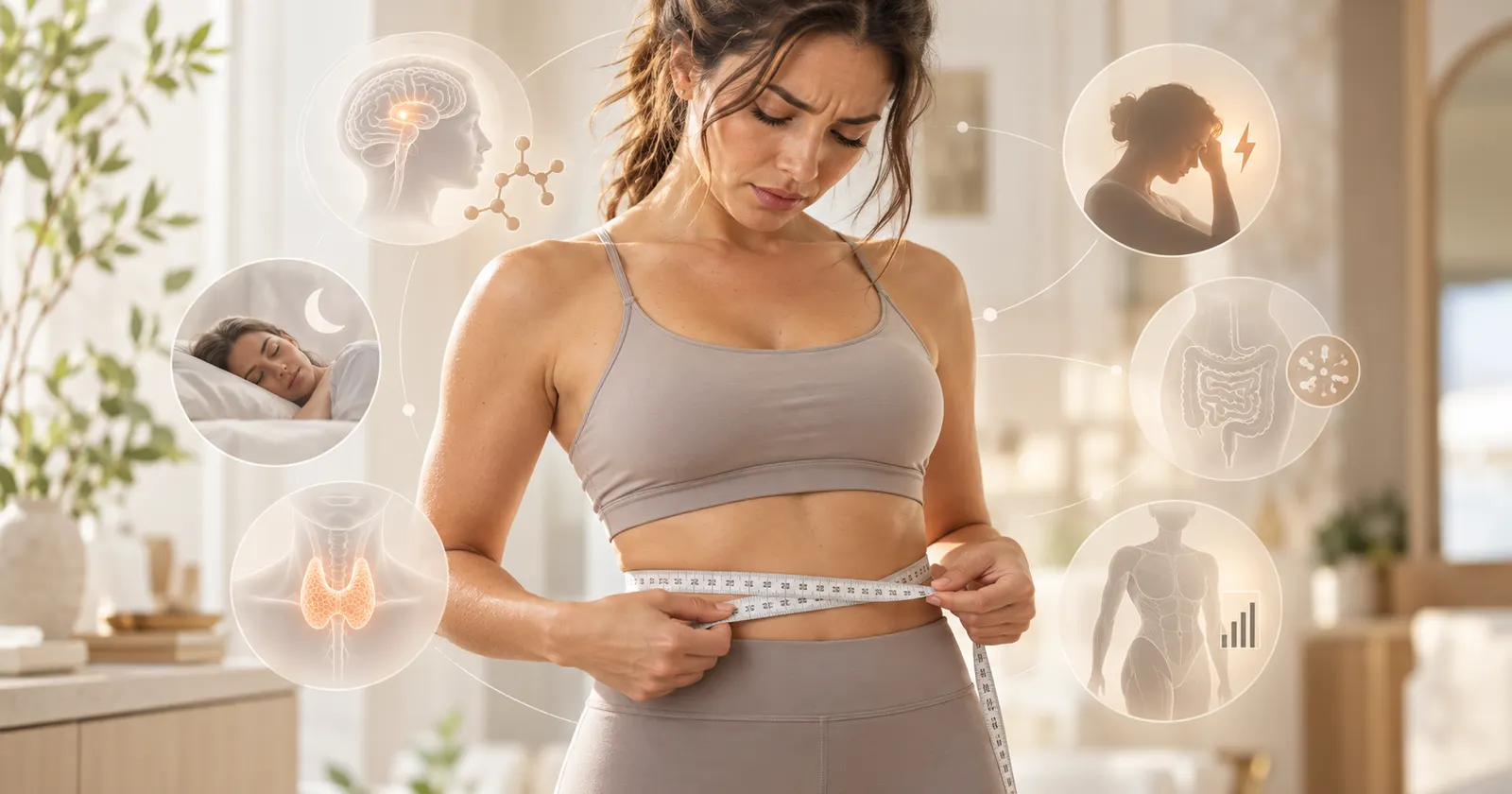 Mulher preocupada mede a cintura com fita métrica, cercada por ícones de causas que dificultam o emagrecimento: cérebro, sono, tireoide, estresse, intestino e massa muscular