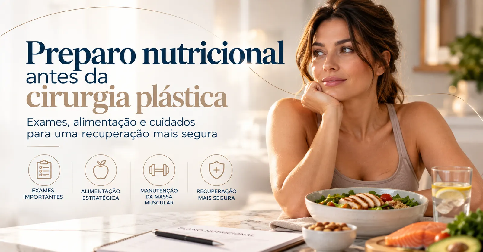 Mulher à mesa com salada de frango, salmão, castanhas e água, ao lado de um plano nutricional, com ícones de exames, alimentação, massa muscular e recuperação