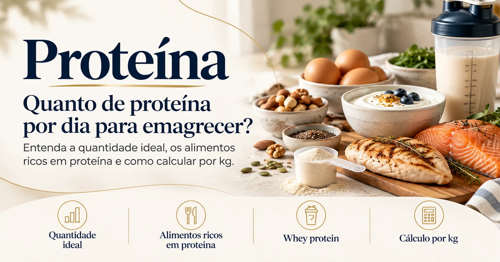 Alimentos ricos em proteína sobre a mesa: frango grelhado, salmão, ovos, iogurte, castanhas, sementes e uma dose de whey protein, com ícones de quantidade ideal e cálculo por kg