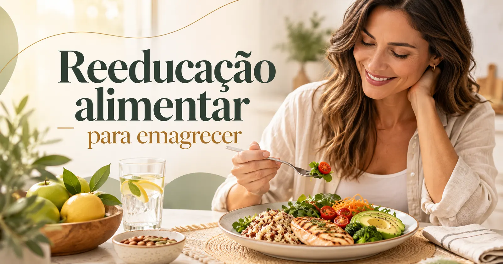 Mulher sorridente almoça um prato com frango grelhado, quinoa, salada, tomate, brócolis e abacate, ao lado de frutas, castanhas e água com limão
