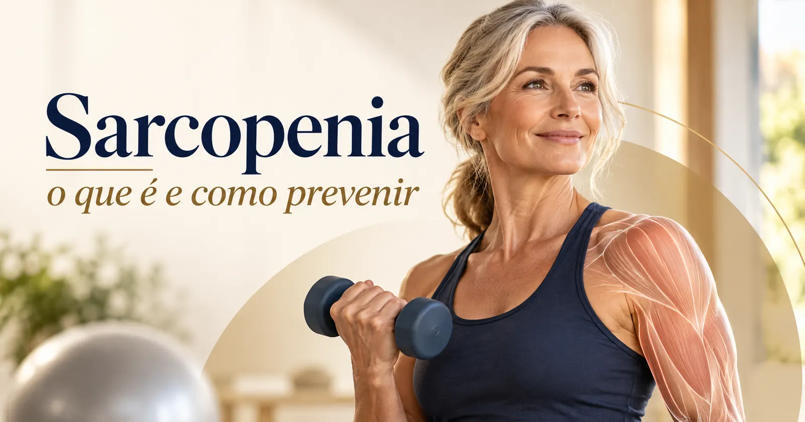 Mulher madura faz exercício com halter, com a musculatura do braço em destaque, ilustrando a prevenção da sarcopenia com treino de força