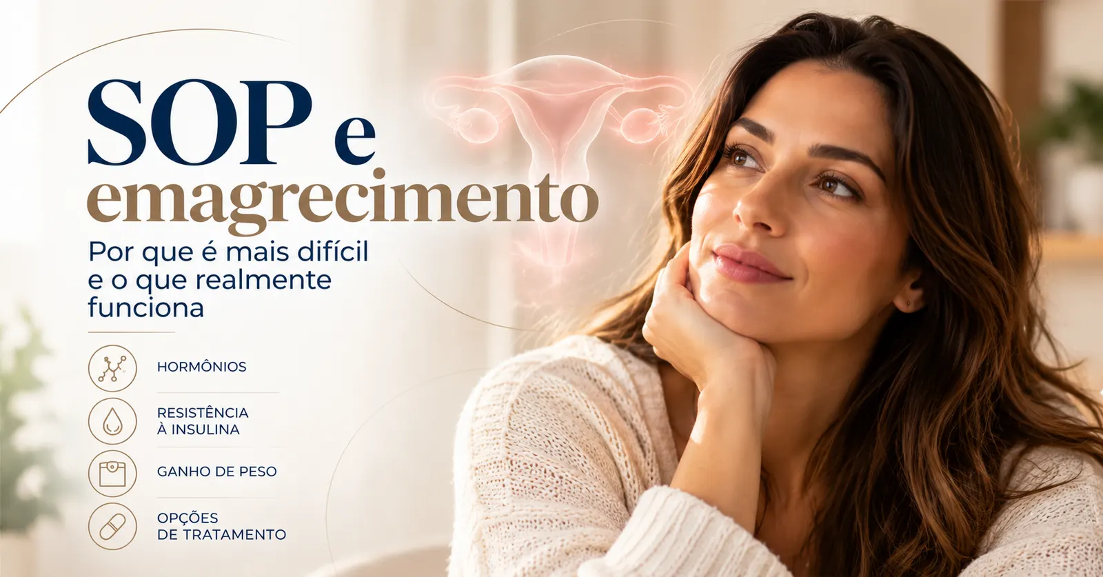Mulher pensativa ao lado da ilustração do útero e dos ovários, com ícones de hormônios, resistência à insulina, ganho de peso e opções de tratamento da SOP