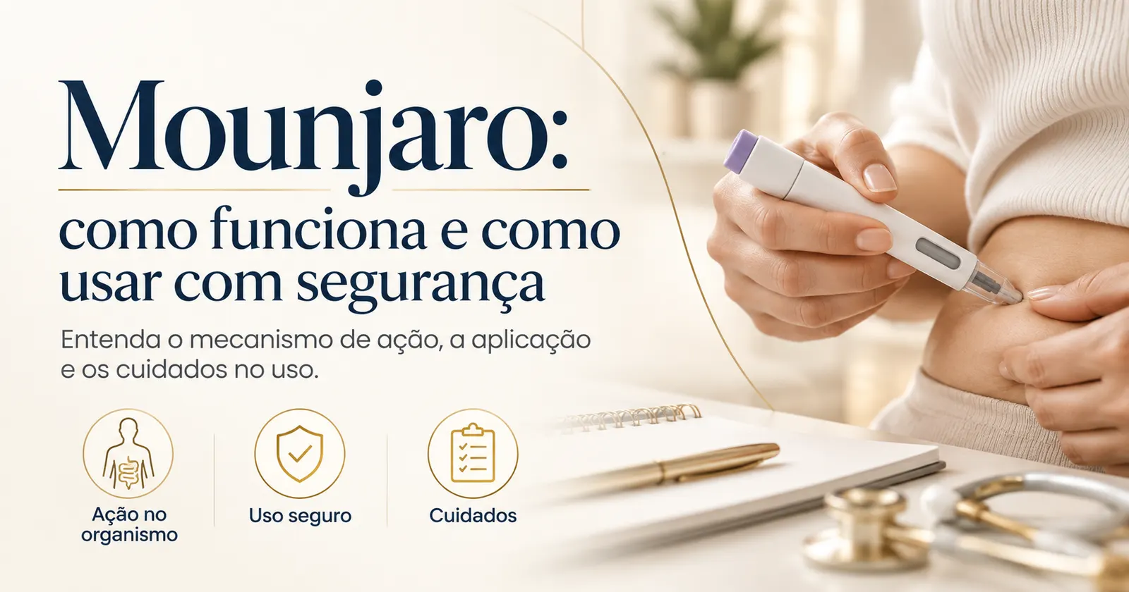 Mulher aplicando uma caneta de tirzepatida na barriga, com caderno e estetoscópio sobre a mesa e ícones de ação no organismo, uso seguro e cuidados
