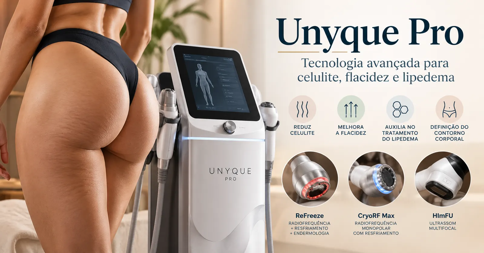 Equipamento Unyque Pro com as ponteiras ReFreeze, Cryo RF Max e HImFU ao lado de paciente para tratamento de celulite e flacidez