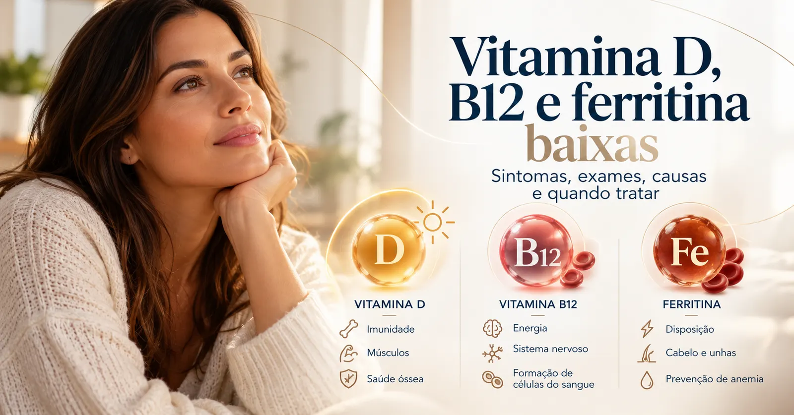 Mulher pensativa ao lado de um quadro com vitamina D, vitamina B12 e ferritina e para que serve cada uma: ossos e músculos, sistema nervoso e sangue, disposição e cabelo