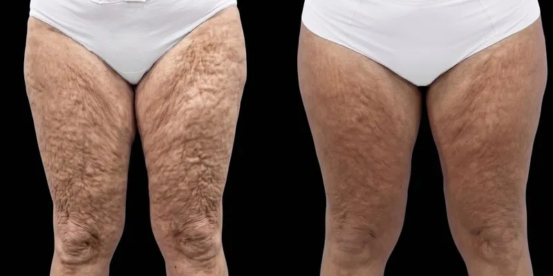 Antes e depois de tratamento com Unyque Pro: coxas, na Clínica Belvitá, em São Paulo
